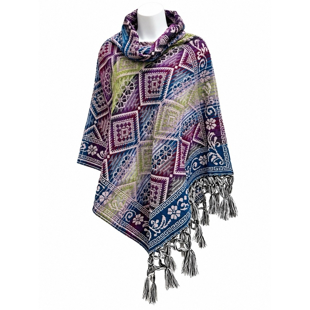 Womens Geometric Cotton Poncho Multicolor Fringe Boho Ruana Wrap Mexico OS